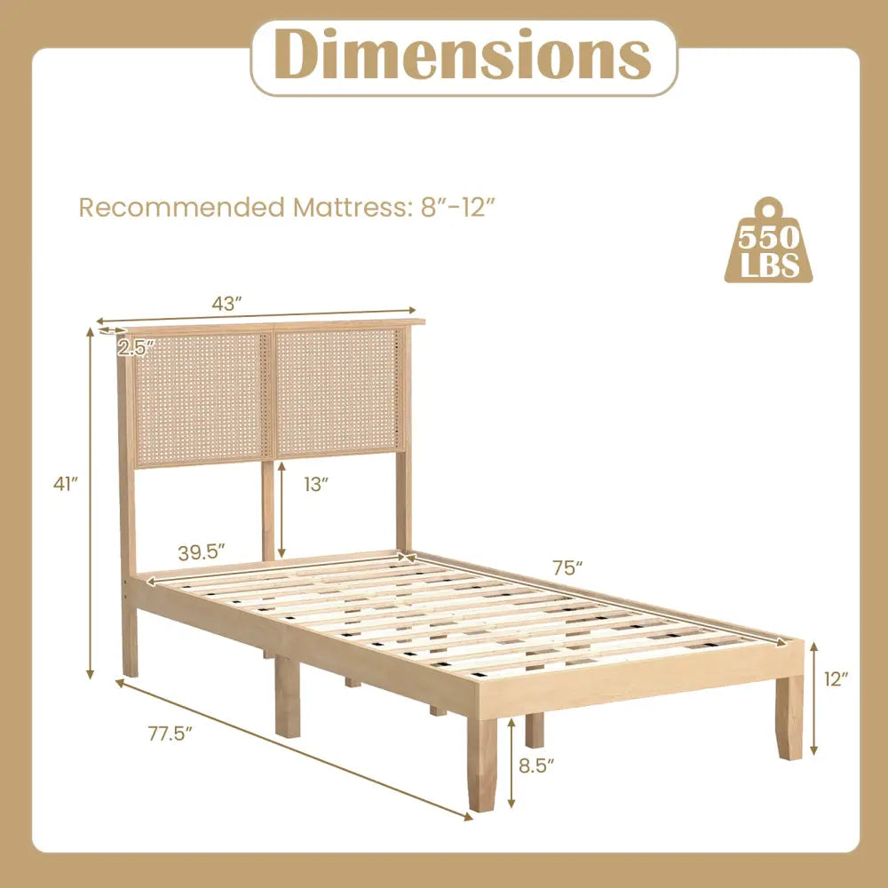Twin/Full/Queen Size Bed Frame with Rattan Headboard-Twin Size - Natural - Simple Bed Frame