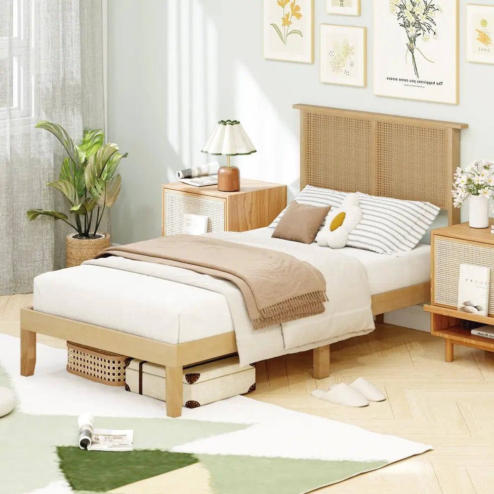 Twin/Full/Queen Size Bed Frame with Rattan Headboard-Twin Size - Natural - Simple Bed Frame