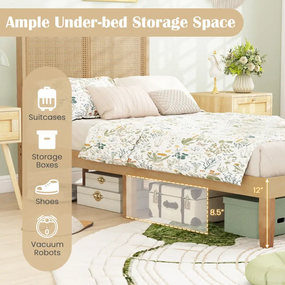 Twin/Full/Queen Size Bed Frame with Rattan Headboard-Twin Size - Natural - Simple Bed Frame