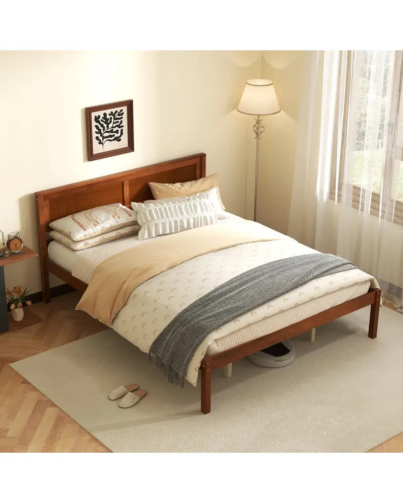 Twin/Full/Queen Size Bed Frame with Wooden Headboard and Slat Support-Queen Size - Walnut - Simple Bed Frame