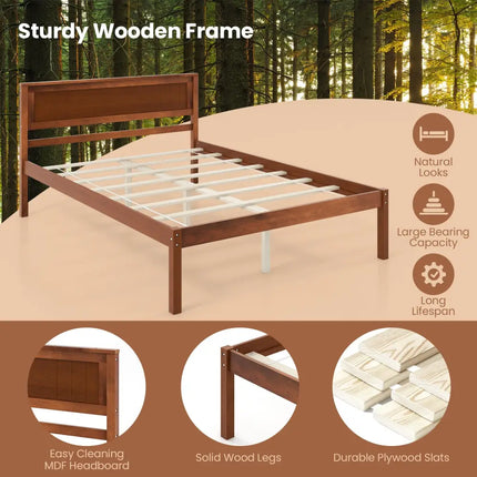 Twin/Full/Queen Size Bed Frame with Wooden Headboard and Slat Support-Full Size - Walnut - Simple Bed Frame