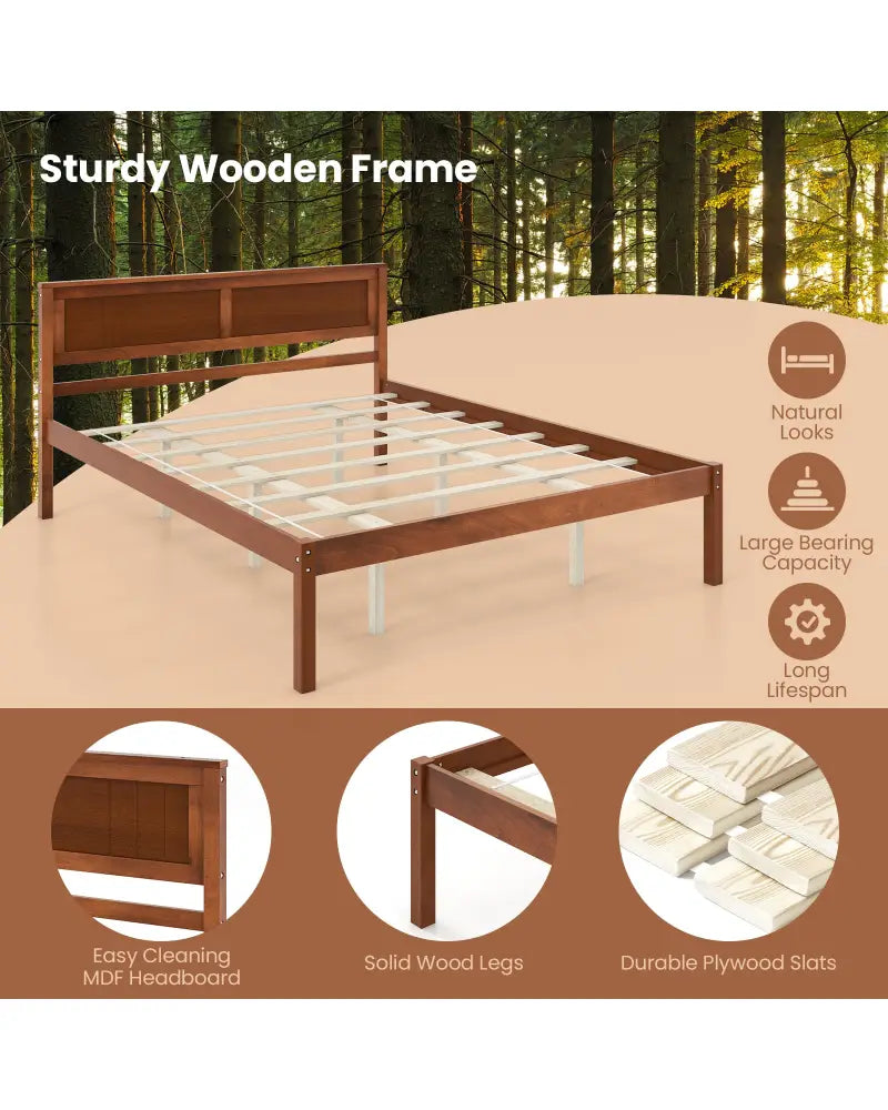 Twin/Full/Queen Size Bed Frame with Wooden Headboard and Slat Support-Queen Size - Walnut - Simple Bed Frame