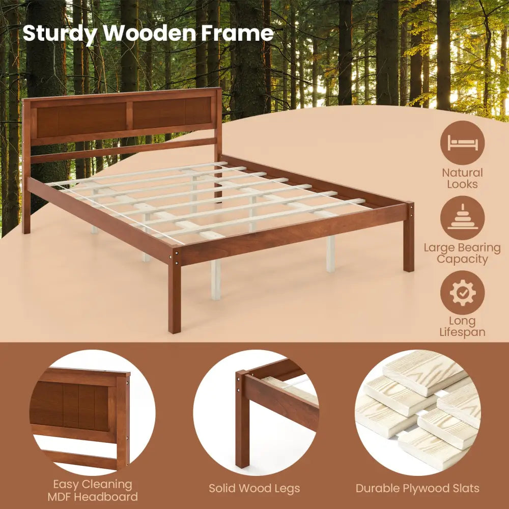 Twin/Full/Queen Size Bed Frame with Wooden Headboard and Slat Support-Queen Size - Walnut - Simple Bed Frame