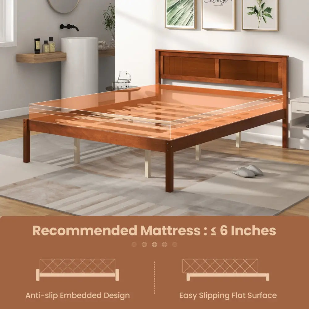 Twin/Full/Queen Size Bed Frame with Wooden Headboard and Slat Support-Queen Size - Walnut - Simple Bed Frame
