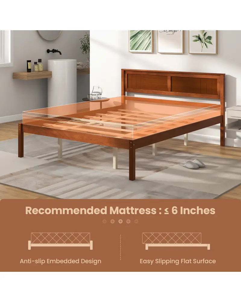 Twin/Full/Queen Size Bed Frame with Wooden Headboard and Slat Support-Queen Size - Walnut - Simple Bed Frame
