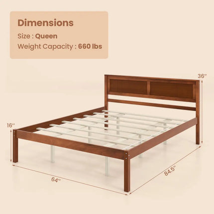 Twin/Full/Queen Size Bed Frame with Wooden Headboard and Slat Support-Queen Size - Walnut - Simple Bed Frame