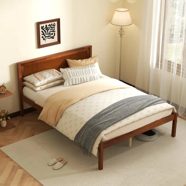 Twin/Full/Queen Size Bed Frame with Wooden Headboard and Slat Support-Full Size - Walnut - Simple Bed Frame