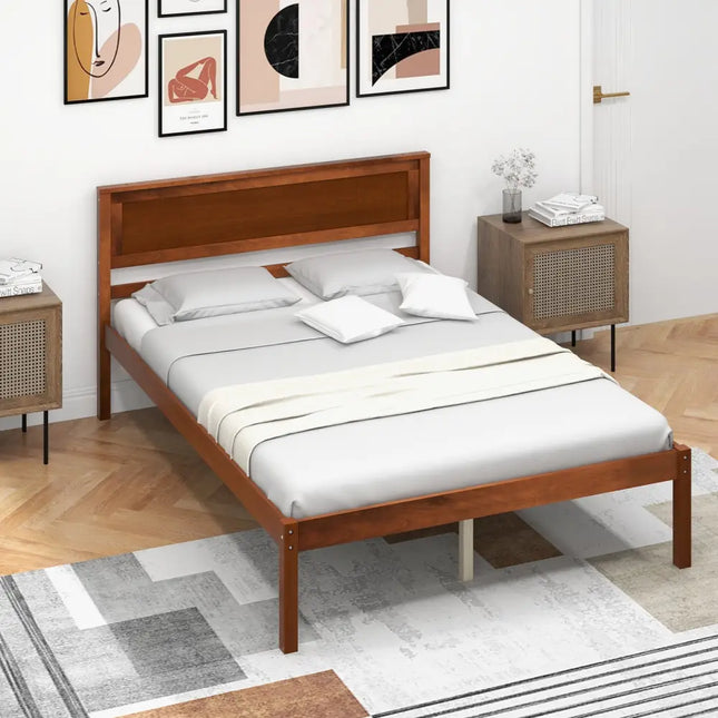 Twin/Full/Queen Size Bed Frame with Wooden Headboard and Slat Support-Full Size - Walnut - Simple Bed Frame