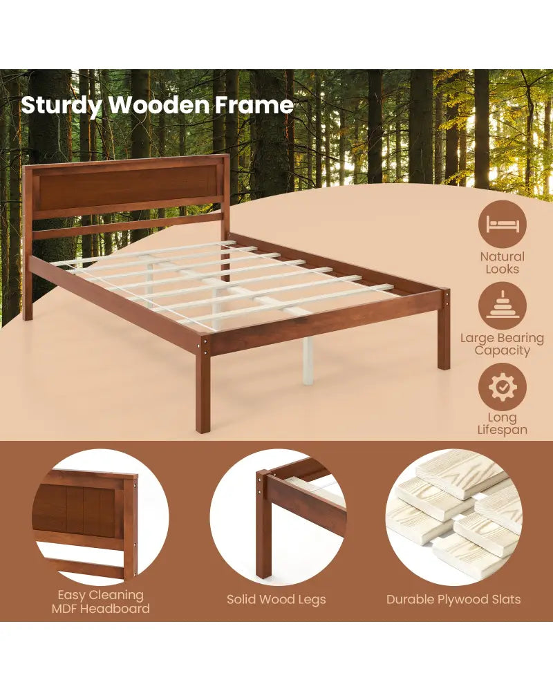 Twin/Full/Queen Size Bed Frame with Wooden Headboard and Slat Support-Full Size - Walnut - Simple Bed Frame