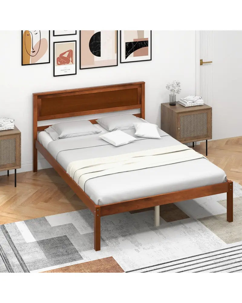 Twin/Full/Queen Size Bed Frame with Wooden Headboard and Slat Support-Full Size - Walnut - Simple Bed Frame