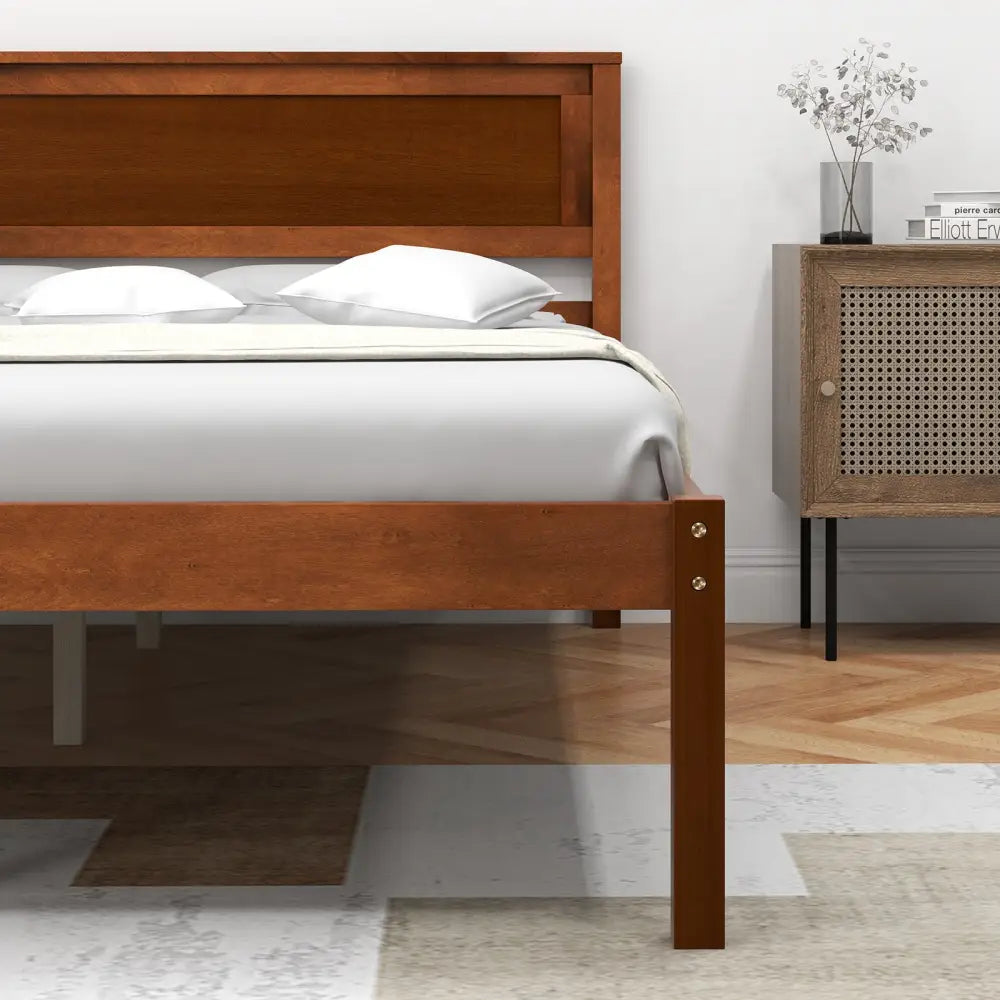 Twin/Full/Queen Size Bed Frame with Wooden Headboard and Slat Support-Full Size - Walnut - Simple Bed Frame