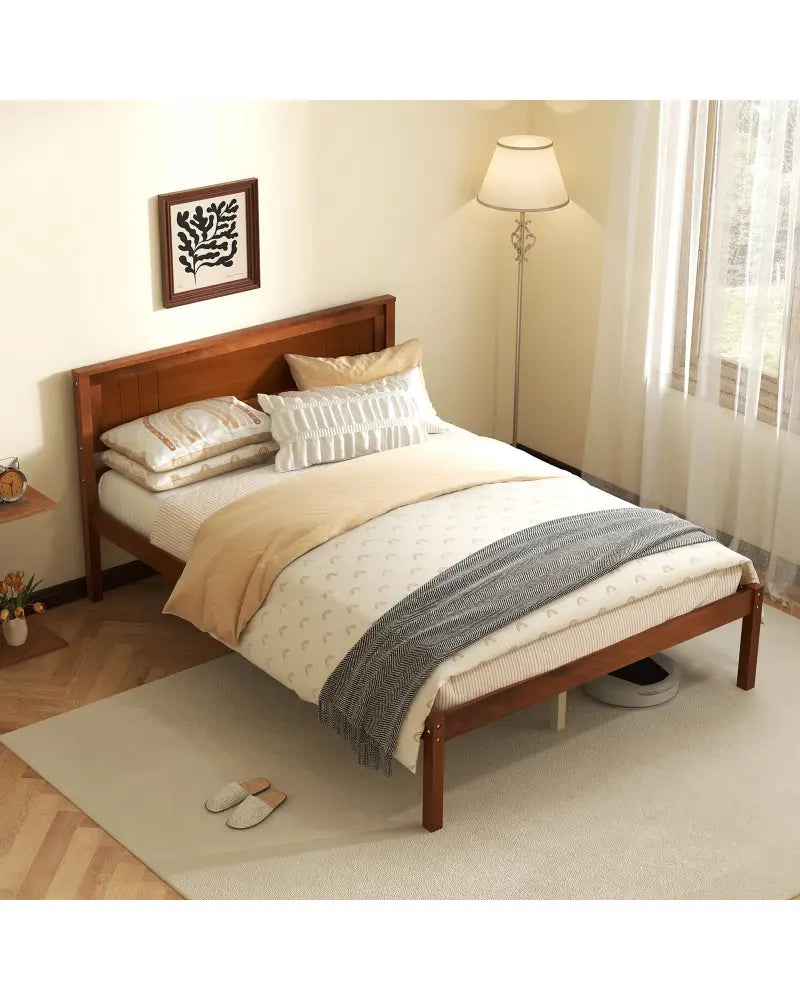 Twin/Full/Queen Size Bed Frame with Wooden Headboard and Slat Support-Full Size - Walnut - Simple Bed Frame