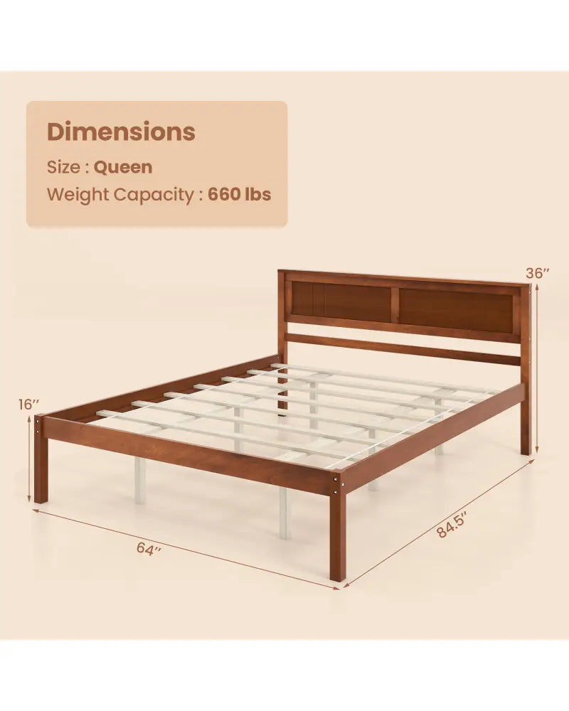 Twin/Full/Queen Size Bed Frame with Wooden Headboard and Slat Support-Queen Size - Walnut - Simple Bed Frame