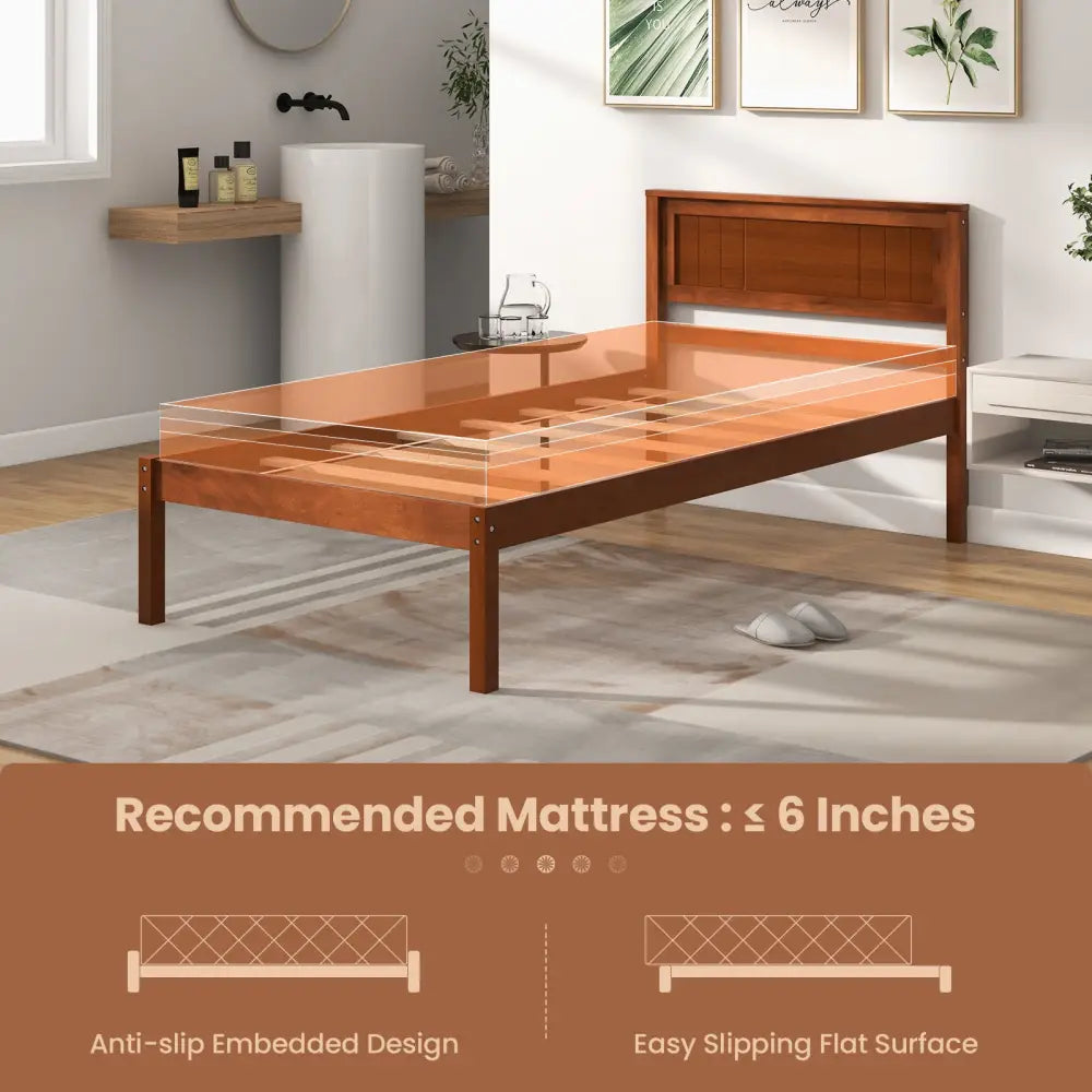 Twin/Full/Queen Size Bed Frame with Wooden Headboard and Slat Support-Twin Size - Walnut - Simple Bed Frame