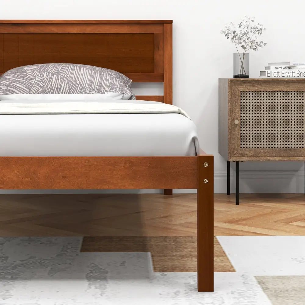 Twin/Full/Queen Size Bed Frame with Wooden Headboard and Slat Support-Twin Size - Walnut - Simple Bed Frame