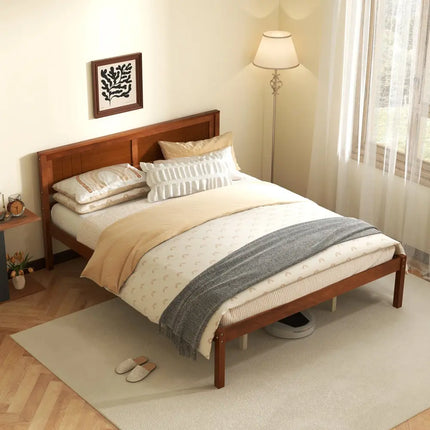 Twin/Full/Queen Size Bed Frame with Wooden Headboard and Slat Support-Queen Size - Walnut - Simple Bed Frame