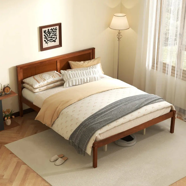 Twin/Full/Queen Size Bed Frame with Wooden Headboard and Slat Support-Queen Size - Walnut - Simple Bed Frame