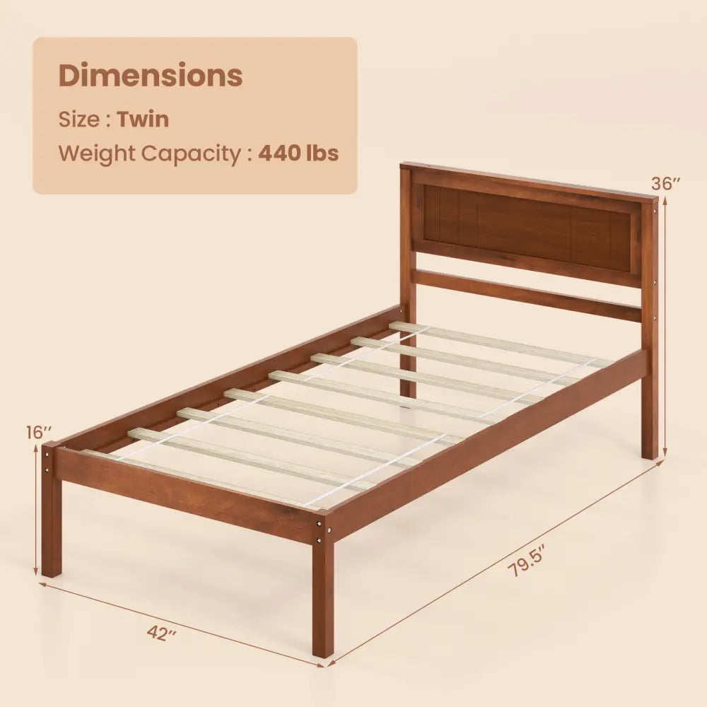 Twin/Full/Queen Size Bed Frame with Wooden Headboard and Slat Support-Twin Size - Walnut - Simple Bed Frame