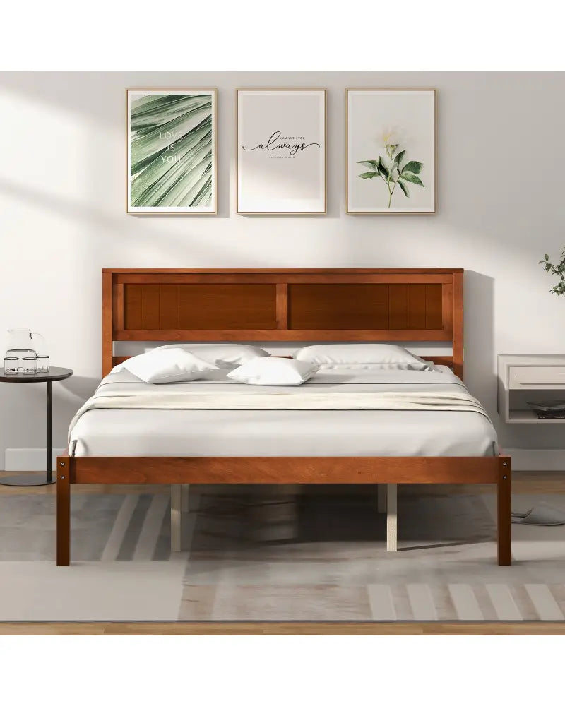 Twin/Full/Queen Size Bed Frame with Wooden Headboard and Slat Support-Queen Size - Walnut - Simple Bed Frame