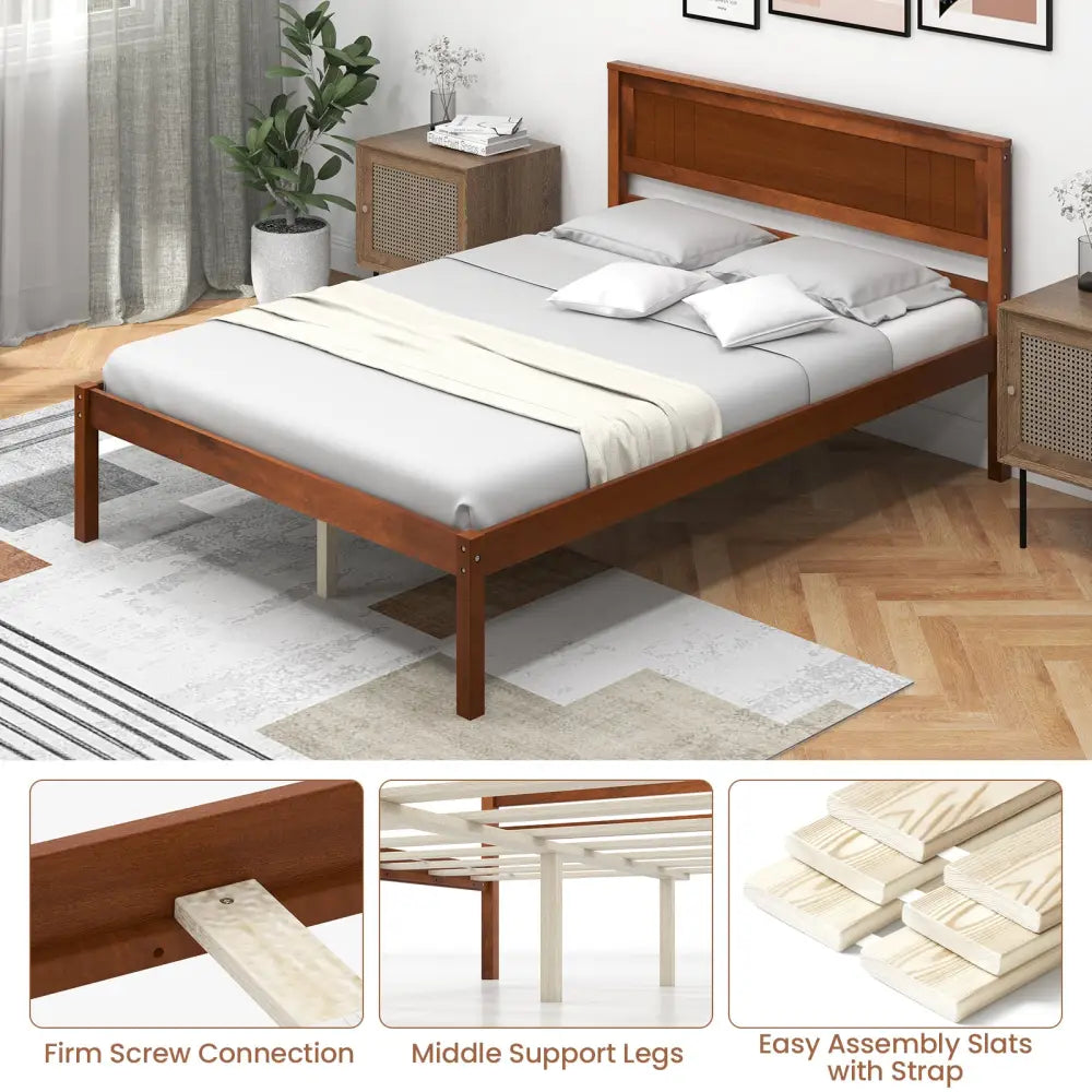 Twin/Full/Queen Size Bed Frame with Wooden Headboard and Slat Support-Full Size - Walnut - Simple Bed Frame