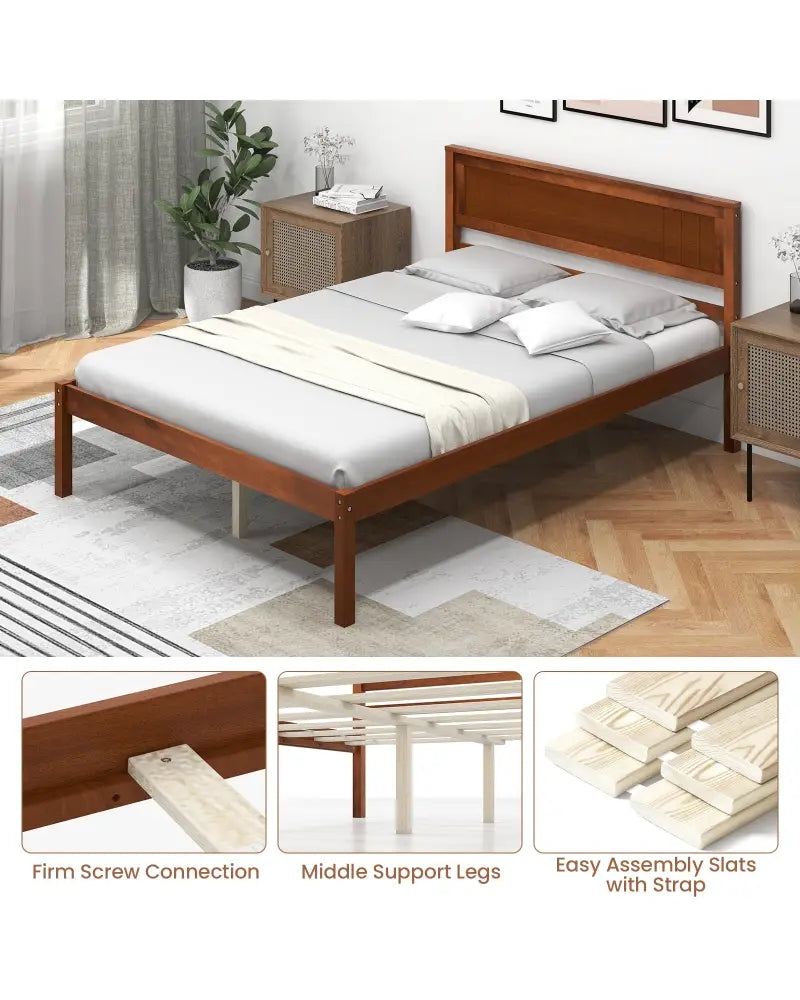 Twin/Full/Queen Size Bed Frame with Wooden Headboard and Slat Support-Full Size - Walnut - Simple Bed Frame