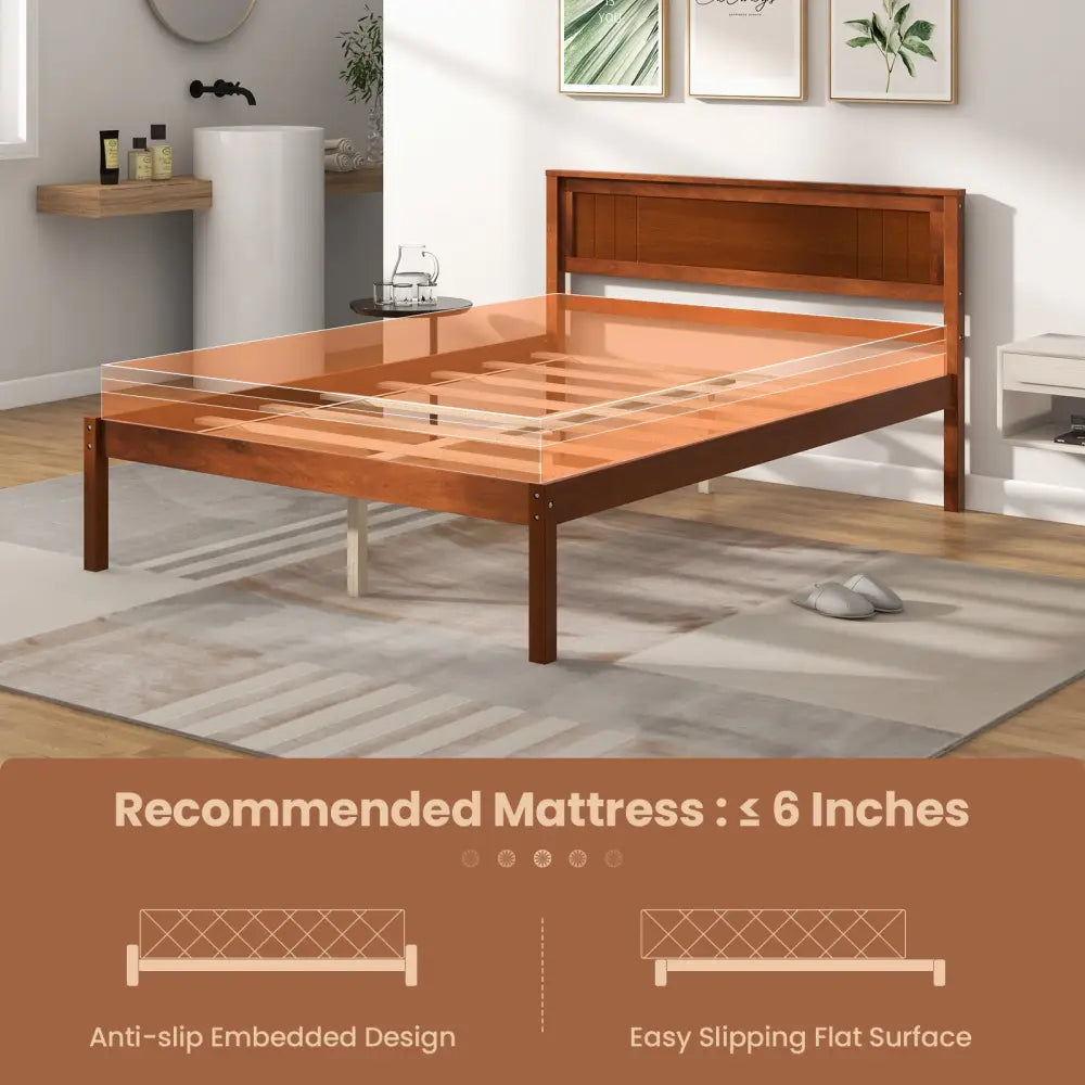 Twin/Full/Queen Size Bed Frame with Wooden Headboard and Slat Support-Full Size - Walnut - Simple Bed Frame