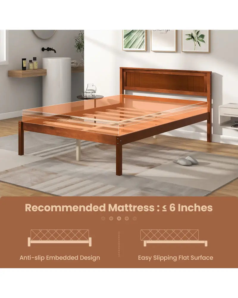 Twin/Full/Queen Size Bed Frame with Wooden Headboard and Slat Support-Full Size - Walnut - Simple Bed Frame