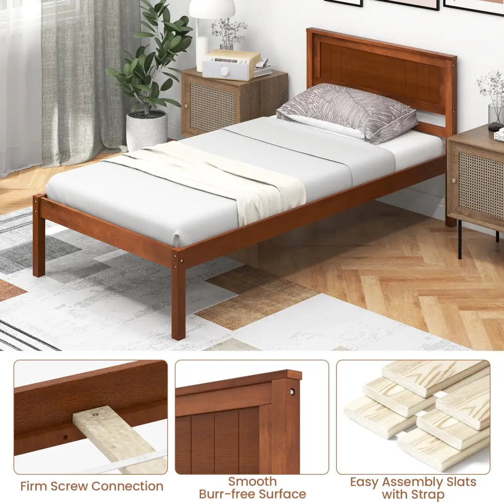 Twin/Full/Queen Size Bed Frame with Wooden Headboard and Slat Support-Twin Size - Walnut - Simple Bed Frame