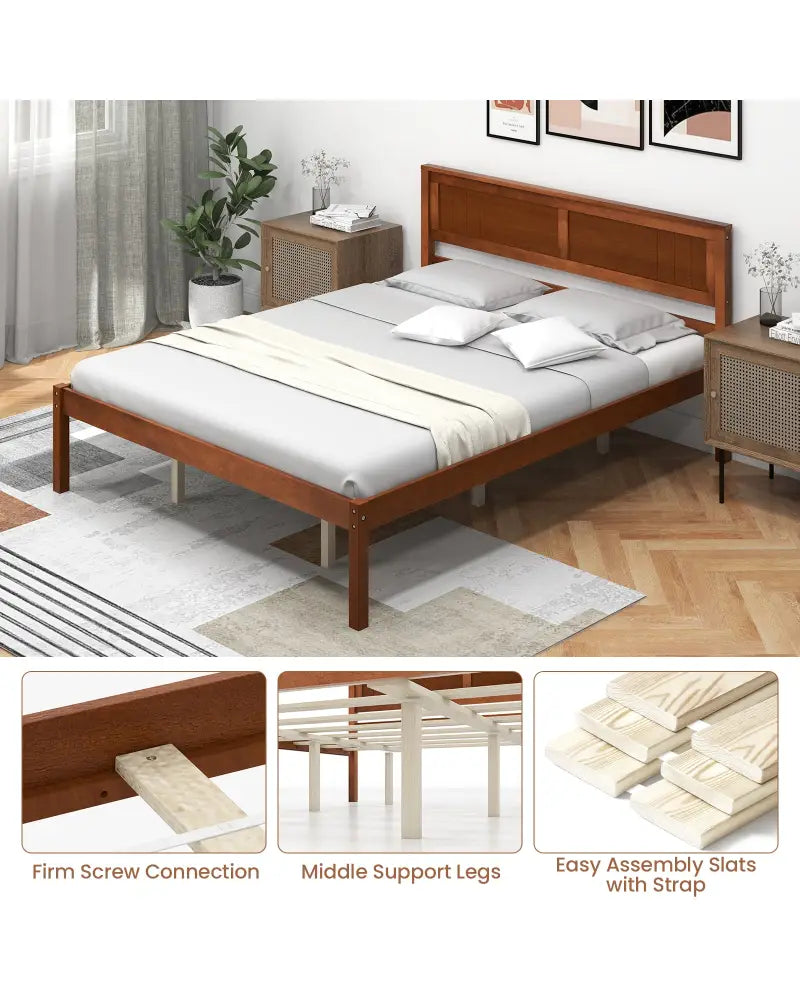 Twin/Full/Queen Size Bed Frame with Wooden Headboard and Slat Support-Queen Size - Walnut - Simple Bed Frame