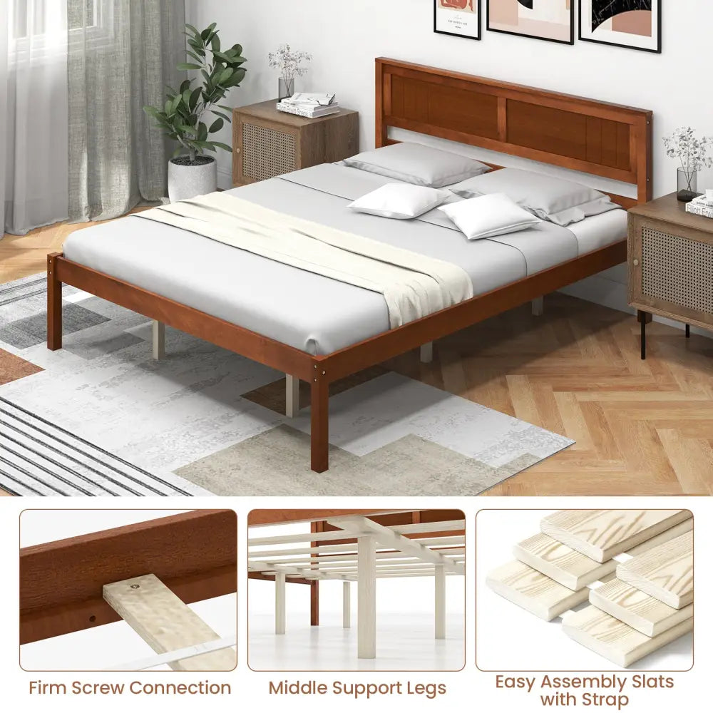Twin/Full/Queen Size Bed Frame with Wooden Headboard and Slat Support-Queen Size - Walnut - Simple Bed Frame