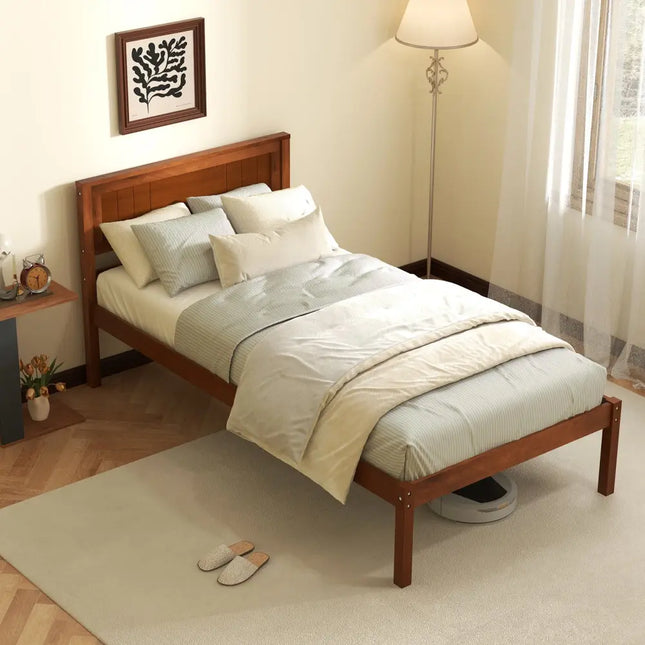 Twin/Full/Queen Size Bed Frame with Wooden Headboard and Slat Support-Twin Size - Walnut - Simple Bed Frame