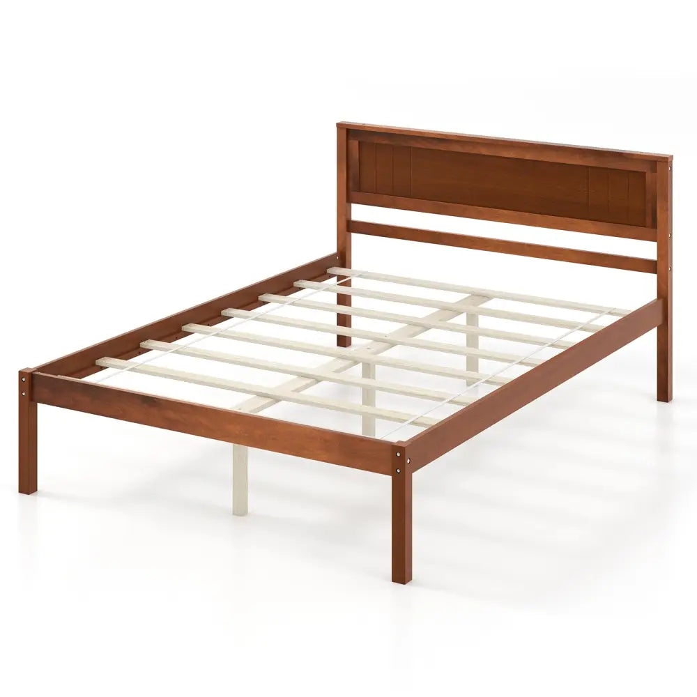 Twin/Full/Queen Size Bed Frame with Wooden Headboard and Slat Support-Full Size - Walnut - Simple Bed Frame