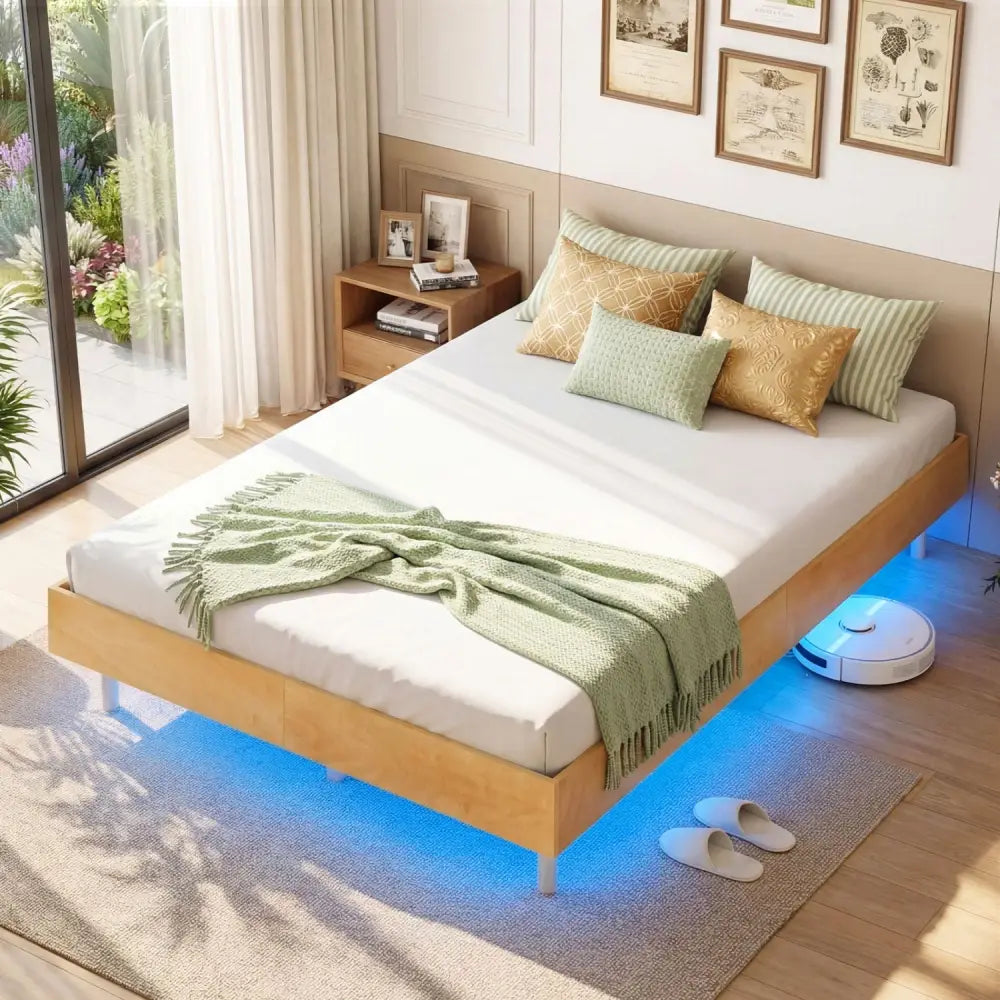 Twin/Full/Queen Size Floating Bed Frame with LED Lights for Bedroom-Full - Natural - Beds & Bed Frames