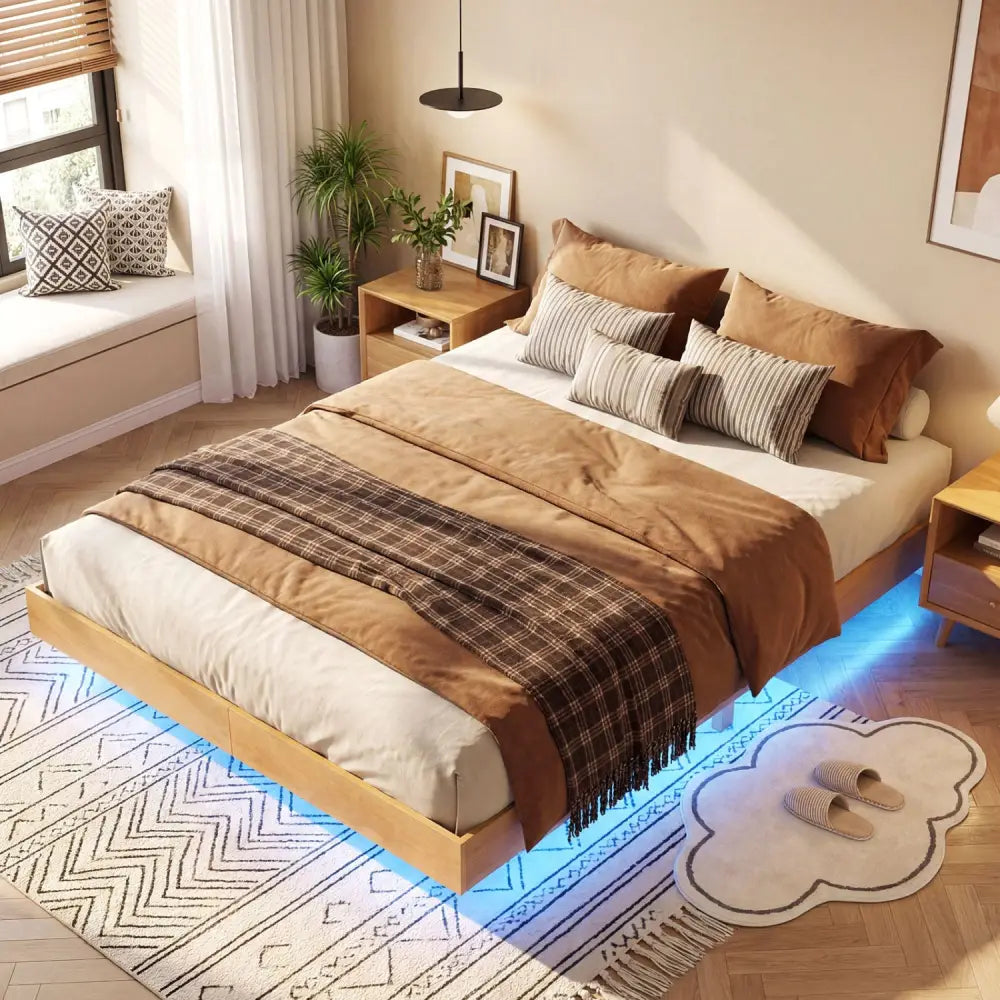Twin/Full/Queen Size Floating Bed Frame with LED Lights for Bedroom-Queen - Natural - Beds & Bed Frames
