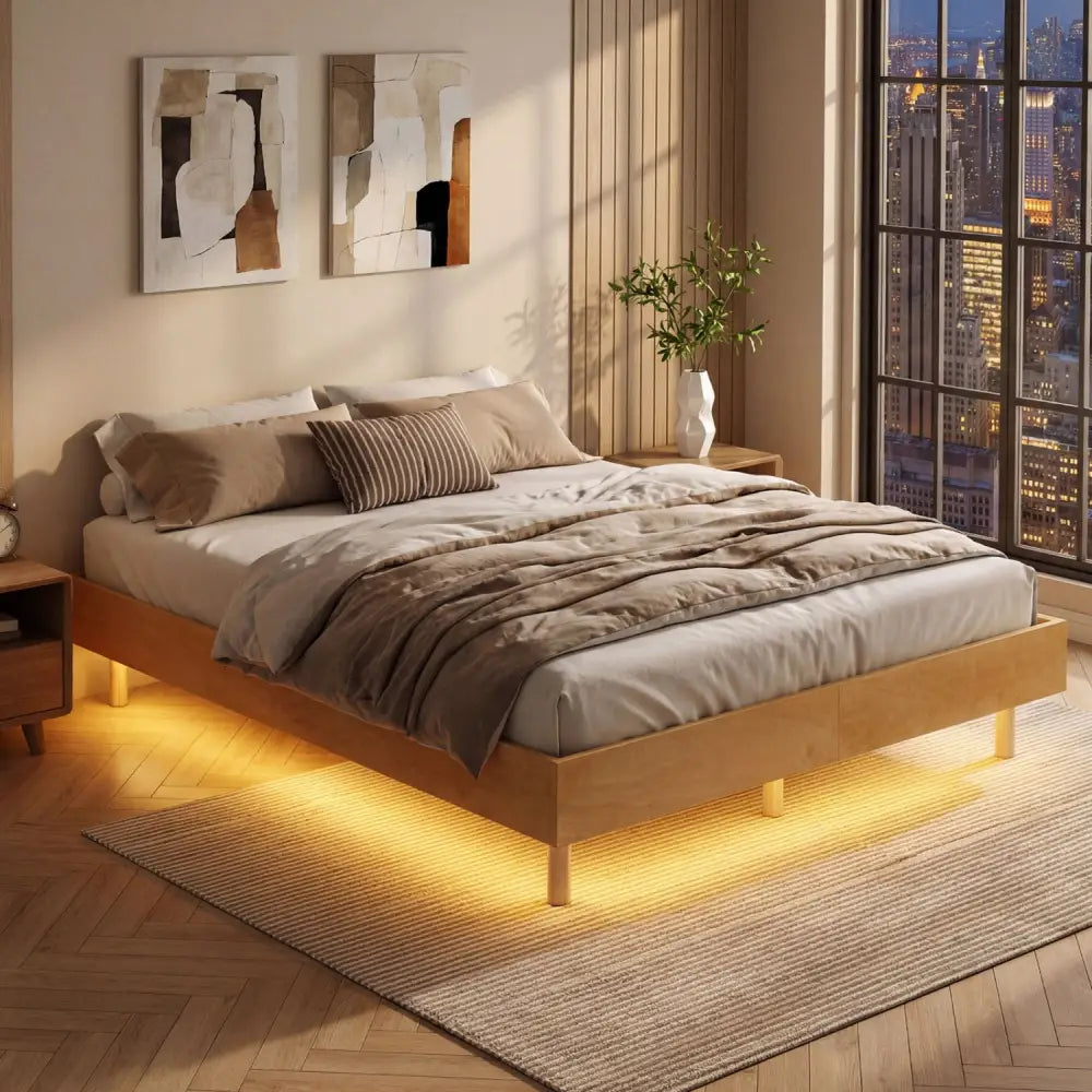 Twin/Full/Queen Size Floating Bed Frame with LED Lights for Bedroom-Full - Natural - Beds & Bed Frames