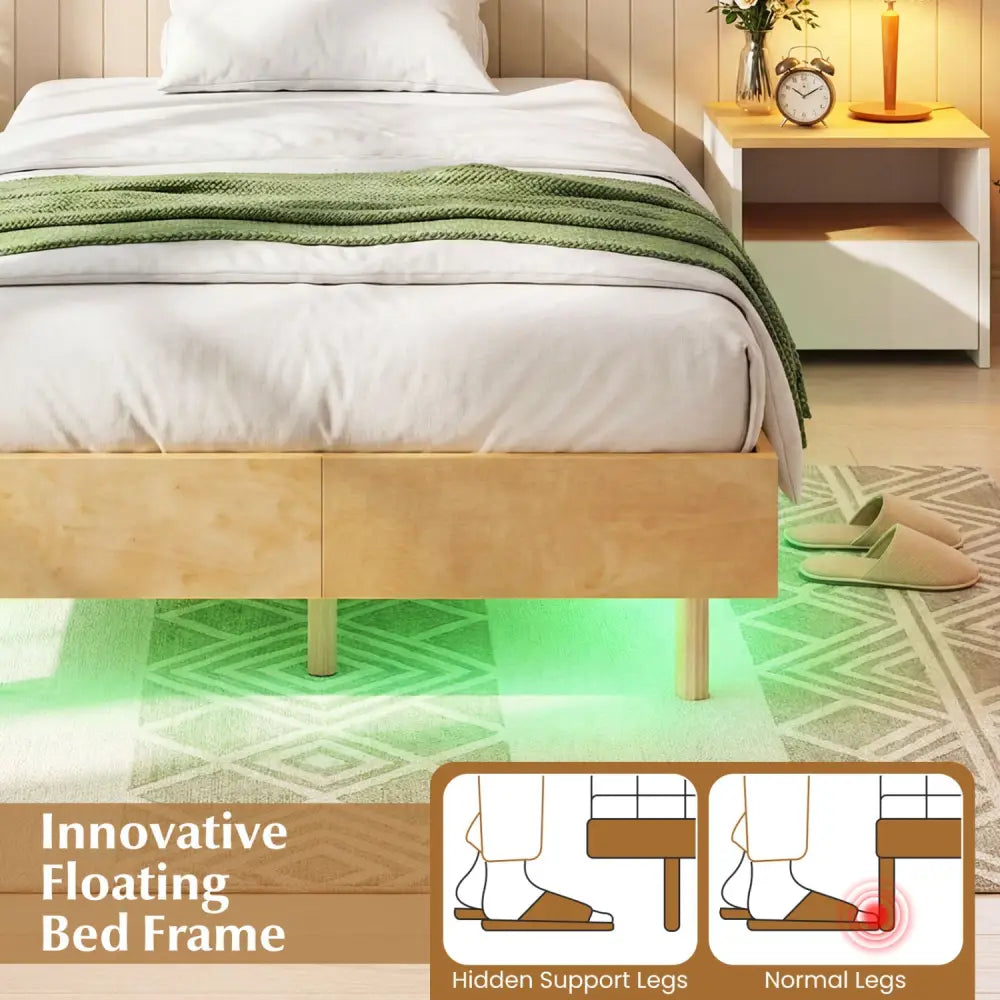 Twin/Full/Queen Size Floating Bed Frame with LED Lights for Bedroom-Twin - Natural - Beds & Bed Frames