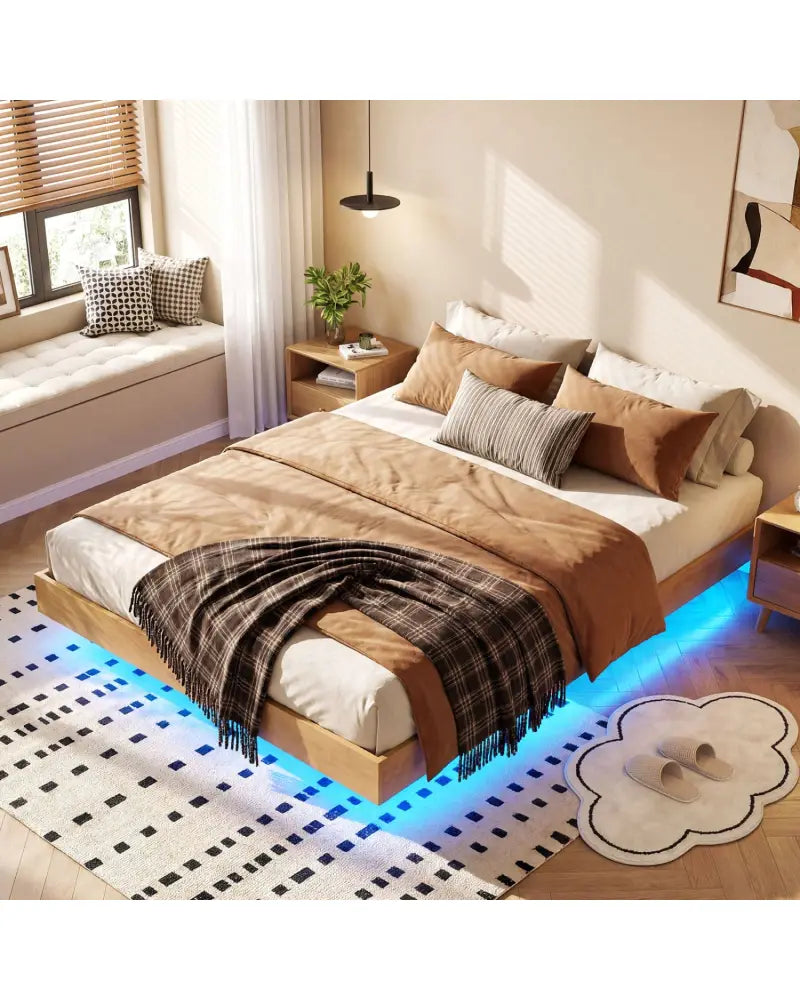 Twin/Full/Queen Size Floating Bed Frame with LED Lights for Bedroom-Full - Natural - Beds & Bed Frames