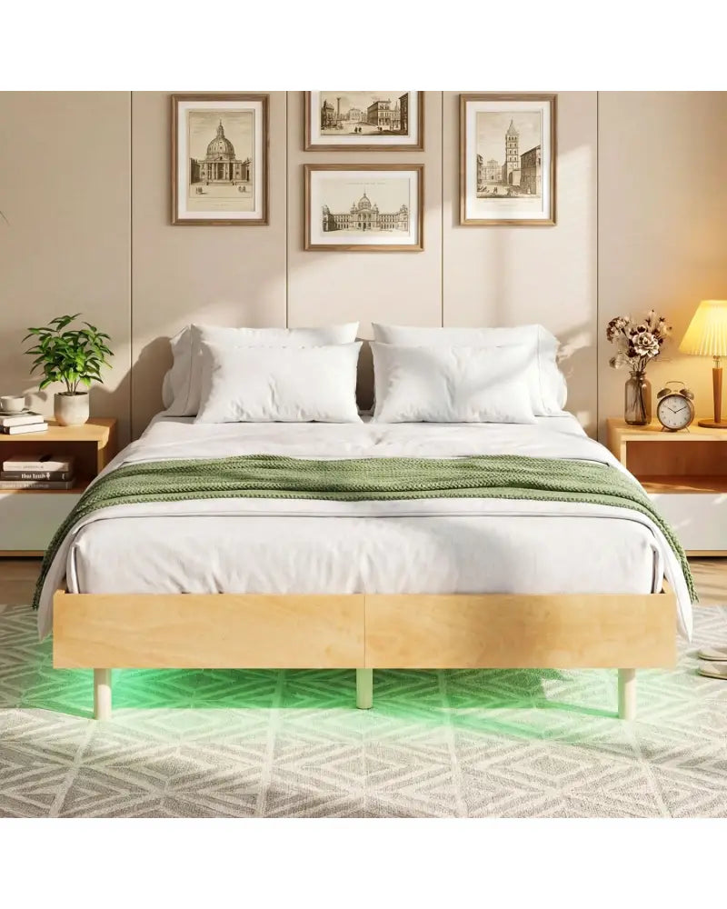 Twin/Full/Queen Size Floating Bed Frame with LED Lights for Bedroom-Full - Natural - Beds & Bed Frames
