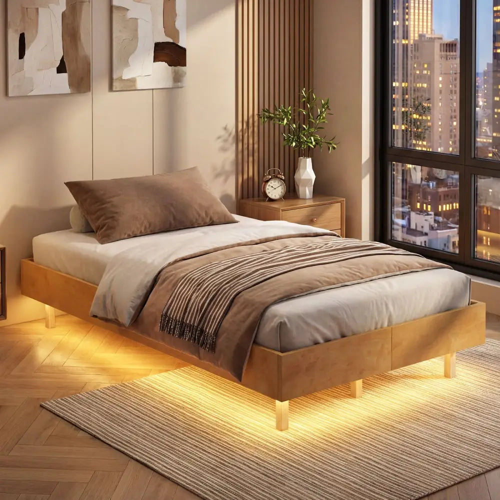 Twin/Full/Queen Size Floating Bed Frame with LED Lights for Bedroom-Twin - Natural - Beds & Bed Frames