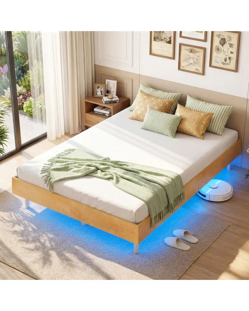Twin/Full/Queen Size Floating Bed Frame with LED Lights for Bedroom-Full - Natural - Beds & Bed Frames