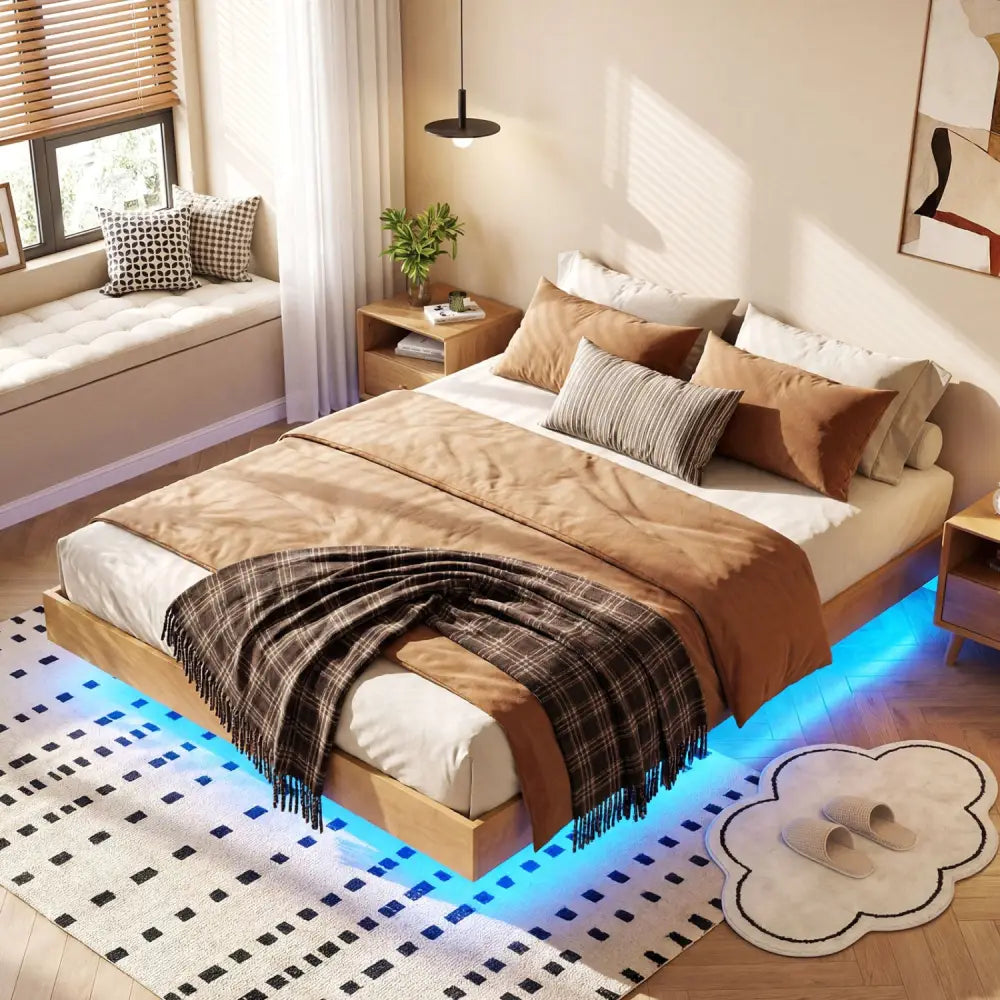 Twin/Full/Queen Size Floating Bed Frame with LED Lights for Bedroom-Full - Natural - Beds & Bed Frames