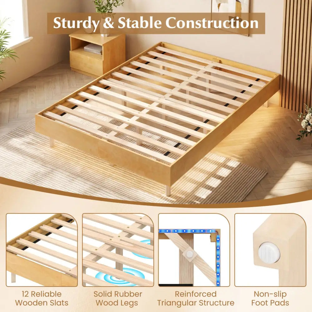 Twin/Full/Queen Size Floating Bed Frame with LED Lights for Bedroom-Full - Natural - Beds & Bed Frames