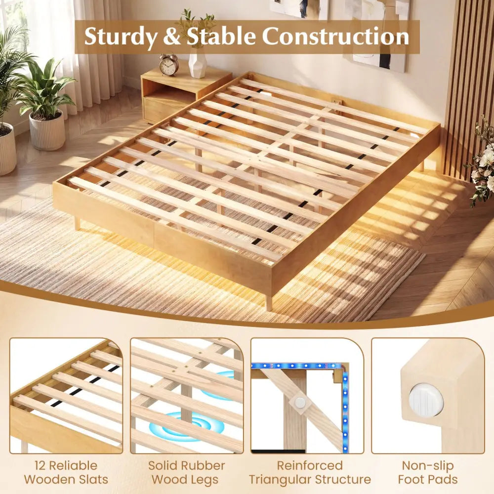 Twin/Full/Queen Size Floating Bed Frame with LED Lights for Bedroom-Queen - Natural - Beds & Bed Frames