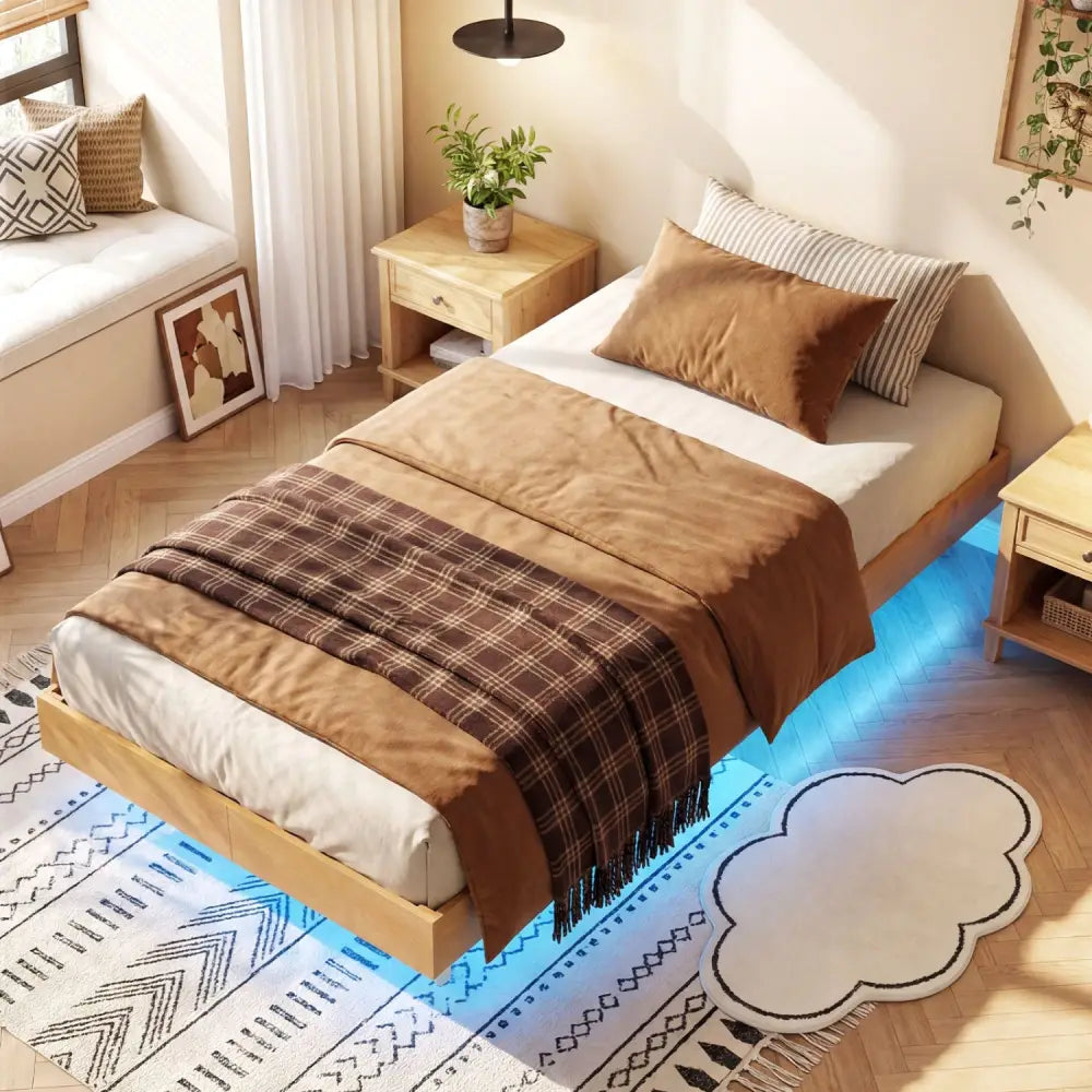 Twin/Full/Queen Size Floating Bed Frame with LED Lights for Bedroom-Twin - Natural - Beds & Bed Frames
