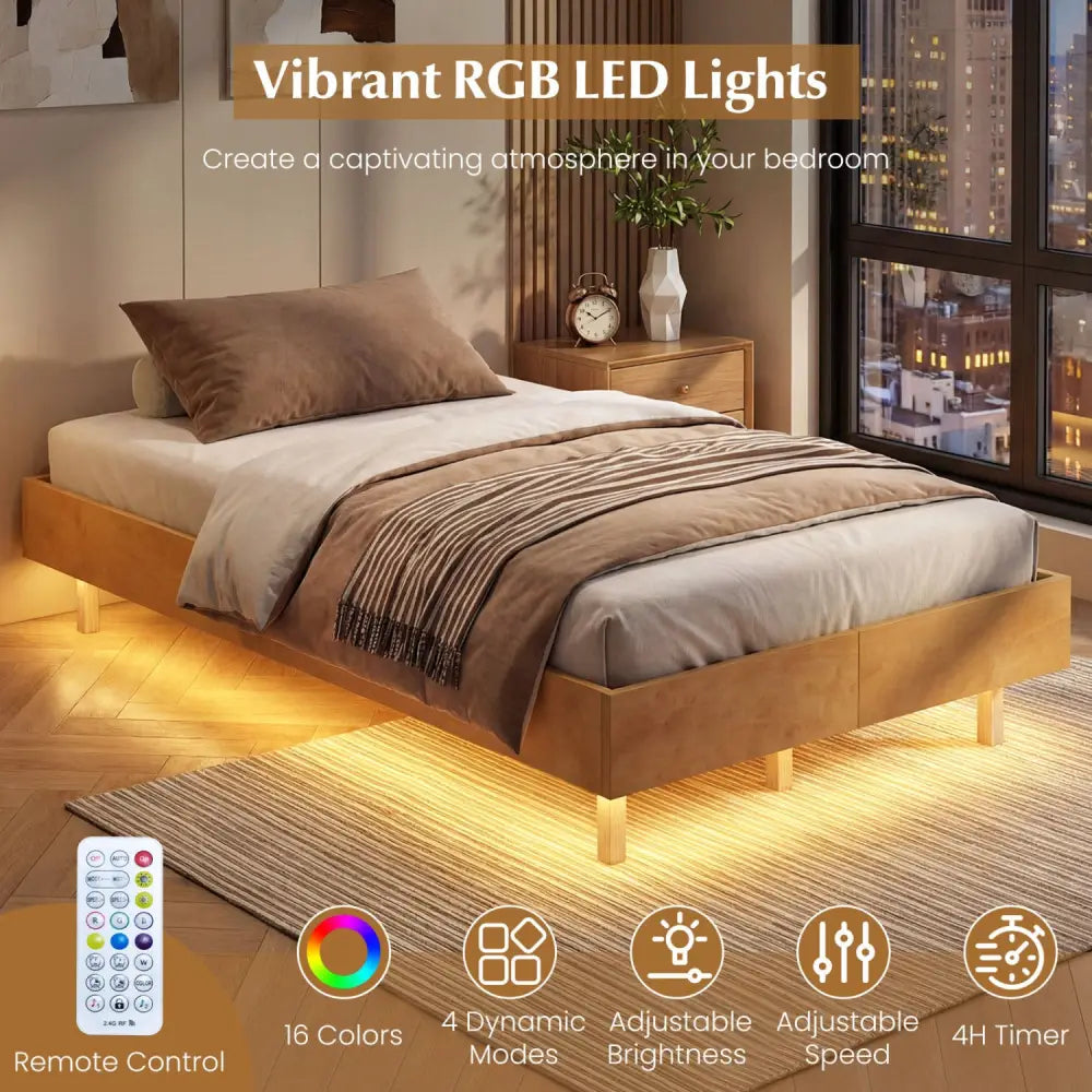 Twin/Full/Queen Size Floating Bed Frame with LED Lights for Bedroom-Twin - Natural - Beds & Bed Frames