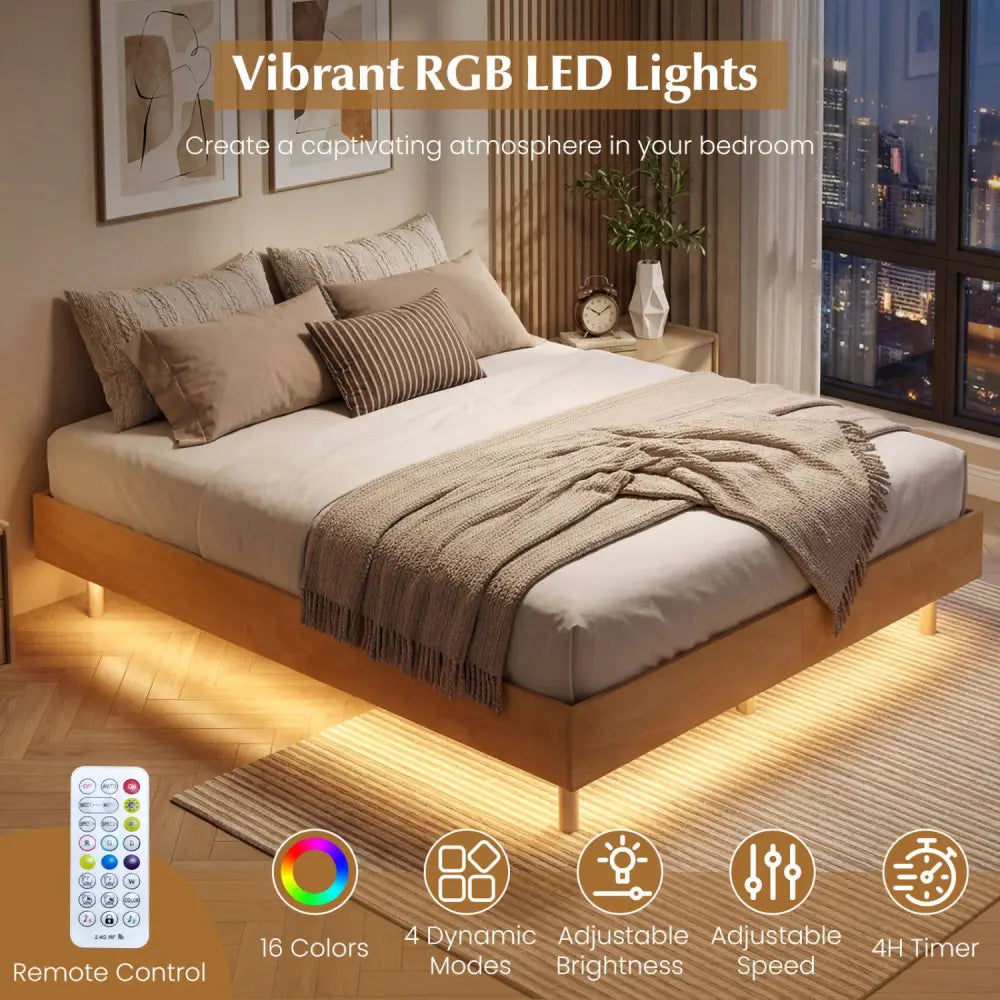 Twin/Full/Queen Size Floating Bed Frame with LED Lights for Bedroom-Queen - Natural - Beds & Bed Frames