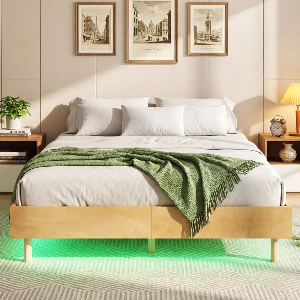 Twin/Full/Queen Size Floating Bed Frame with LED Lights for Bedroom-Queen - Natural - Beds & Bed Frames