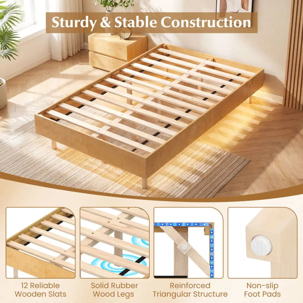 Twin/Full/Queen Size Floating Bed Frame with LED Lights for Bedroom-Twin - Natural - Beds & Bed Frames