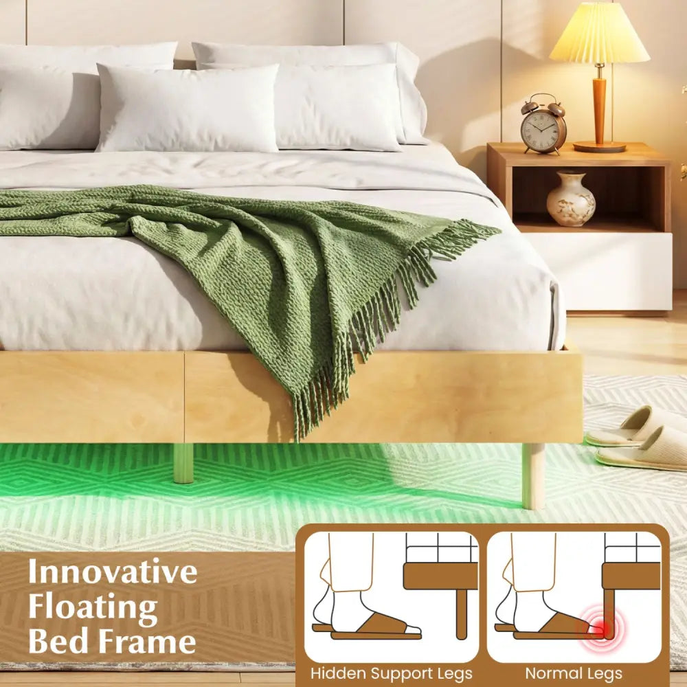 Twin/Full/Queen Size Floating Bed Frame with LED Lights for Bedroom-Queen - Natural - Beds & Bed Frames