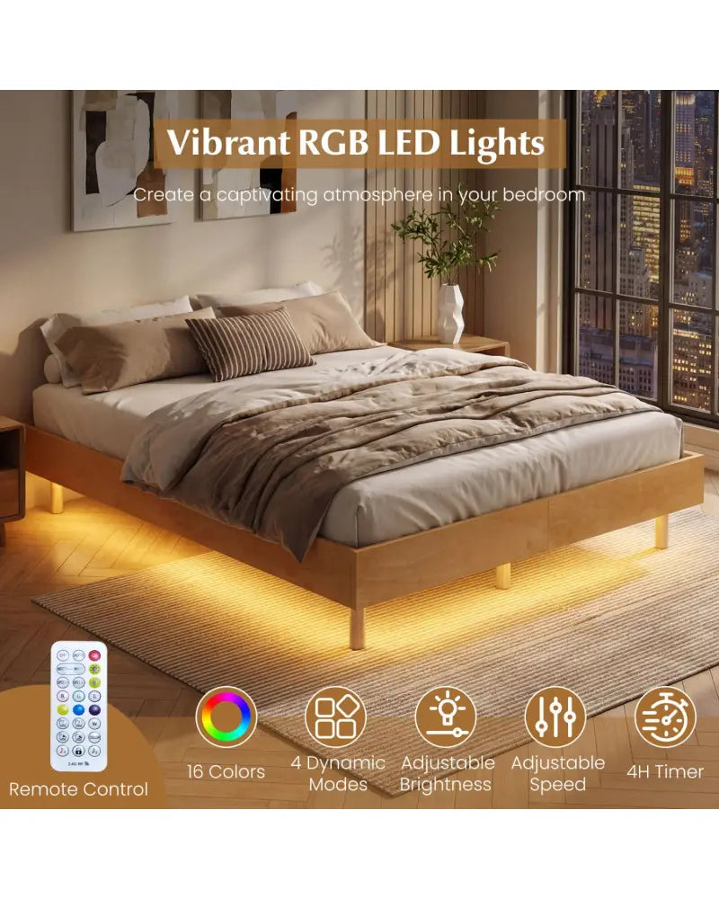 Twin/Full/Queen Size Floating Bed Frame with LED Lights for Bedroom-Full - Natural - Beds & Bed Frames